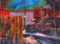 <i>Mercato con Bicicletta<</i> - Olio su tela del 1956 - cm.56,5x76 (cod. MB5602)