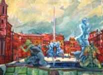 <i>Piazza Navona</i> - Olio su tela del 1953 - cm.54x73 (cod. RM5306)